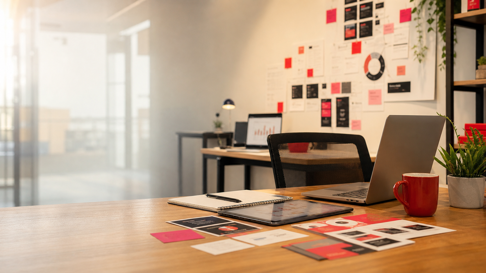 A polished marketing strategy workspace with campaign planning materials and analytics screens